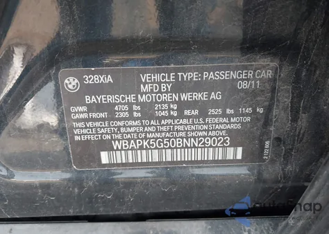 2011 BMW 328I xDrive from USA, damaged, VIN WBAPK5G50BNN29023